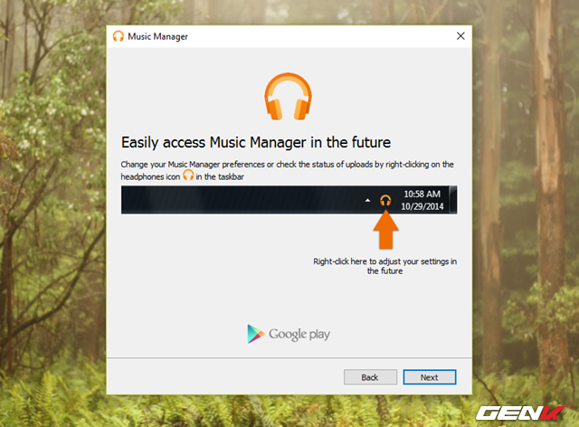 Giới thiệu về biểu tượng truy cập nhanh Google Play Music nằm thường trú tại khay hệ thống. 