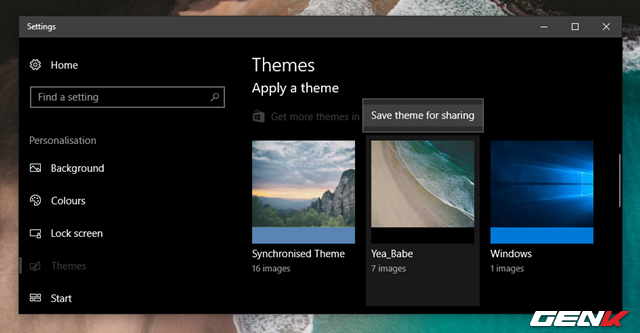  Khi đã hoàn tất việc lưu lại, giao diện của bạn sẽ xuất hiện ở khu vục “Apply a theme” bên dưới. Lúc này, để đóng gói lại và sử dụng cho máy tính khác, bạn hãy nhấn phải chuột vào giao diện mới lưu và chọn “Save theme for sharing”. 