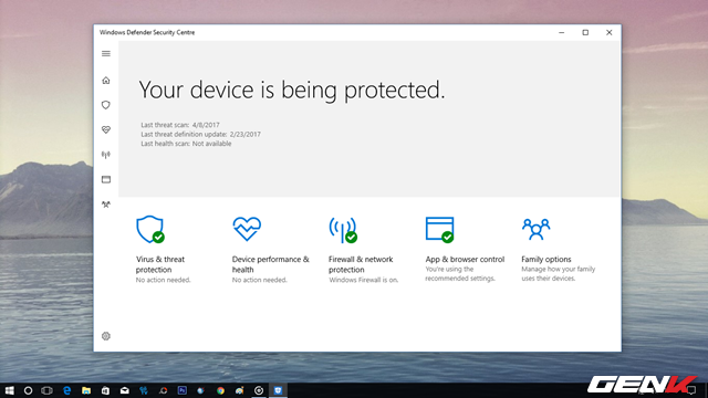  Windows 10 Creators cũng đánh dấu việc lột xác hoàn toàn của kẻ bảo vệ Windows Defender. Cụ thể, ứng dụng này giờ đây đã lên đỉnh với giao diện UWP hoàn toàn thống nhất với giao diện Windows 10. Và nó được đổi tên thành Windows Defender Security Centre, cái tên nói lên rất nhiều thứ. 