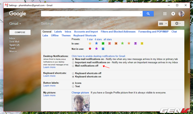  Truy cập vào trang Settings của Gmail, nhấn vào tab “General” và tìm đến lựa chọn “Desktop Notifications”. Tiến hành đánh dấu vào “New mail notification on” hoặc “Important mail notification on”. Cuối cùng, hãy nhấn “Save changes” để lưu lại là xong. 