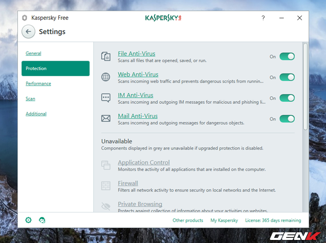  Danh sách các tùy chọn bảo mật mà Kaspersky Free cung cấp cho người dùng. 
