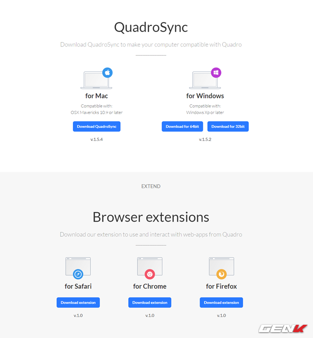  Trước tiên, bạn hãy truy cập vào địa chỉ này để tải về phần mềm Quadro dành cho máy tính. Bên cạnh lựa chọn cài đặt trực tiếp cho máy tính Mac và Windows thì Quadro còn cung cấp lựa chọn cài đặt dành cho trình duyệt web như Safari, Chrome và Firefox. Tùy vào nhu cầu mà bạn có thể lựa chọn hình thức phù hợp cho mình. 