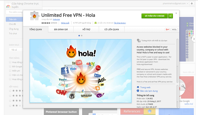  Để bắt đầu, trước tiên bạn hãy dùng trình duyệt Google Chrome và truy cập vào đường dẫn này để cài đặt tiện ích mở rộng Unlimited Free VPN – Hola. 