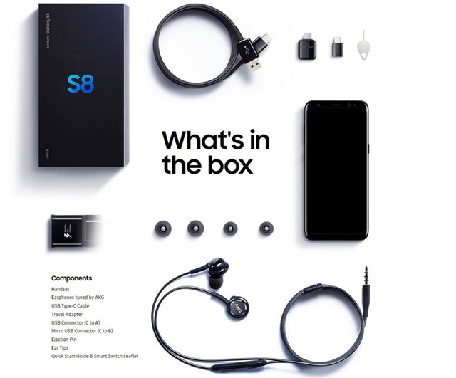  Như bạn có thể thấy, bên trong hộp đựng Samsung Galaxy S8 sẽ bao gồm các món “đồ chơi” bao gồm: một chiếc S8, tai nghe cao cấp từ AKG, cặp adapter mang tên “Micro USB connector” và “USB Connector”, cáp sạc USB Type-C, củ sạc nhanh, que chọc sim, các núm tai nghe thay thế và sách hướng dẫn sử dụng. 