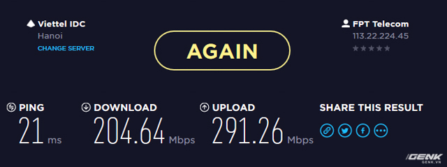  Thử sang Viettel, kết quả có phần hụt hơi, có thể lúc này server bên đây đang nhiều người sử dụng nên thông số chưa được ổn lắm, ngay cả ping cũng lên đến 21ms. 