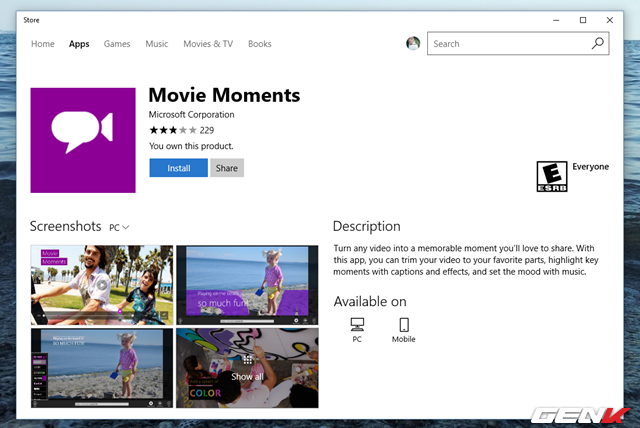  Movie Moments được cung cấp hoàn toàn miễn phí trên Store, bạn có thể truy cập vào địa chỉ này để tải về. 