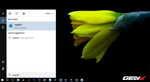  Nhấn tổ hợp phím tắt WIN S để gọi Cortana, sau đó nhập vào từ khóa “regedit” rồi nhấp vào kết quả như hình. 