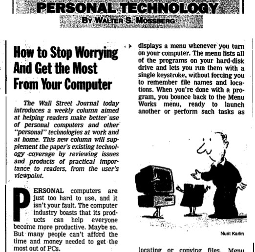  Bài báo chuyên đề đầu tiên của Walt Mossberg mang tên Điện toán cá nhân (Personal Technology) trên tờ Journal vào ngày 17/10/1991 
