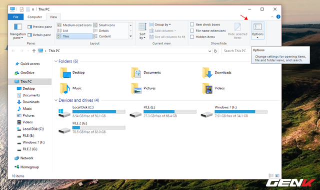  Khởi động File Explorer và nhấp vào Options. 