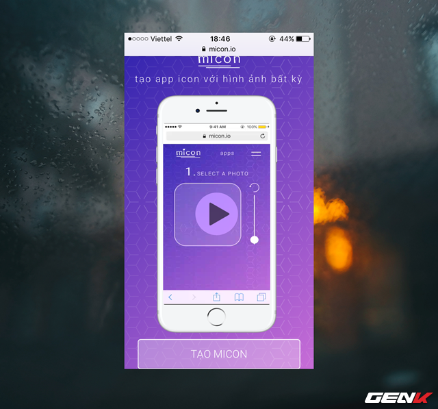  Mở ứng dụng duyệt web Safari trên iPhone lên và truy cập vào website “micon.io”. Khi trang web tải xong, hãy tìm và nhấp vào “TẠO MICON”. 