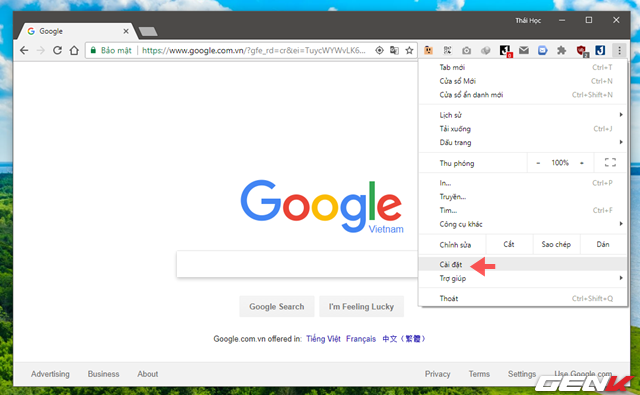  Truy cập vào trang “Cài đặt” của Google Chrome. 