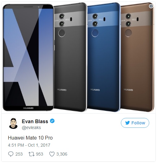  Evan Blass đã đăng tải hình ảnh được cho là Mate 10 trên Twitter cá nhân. 