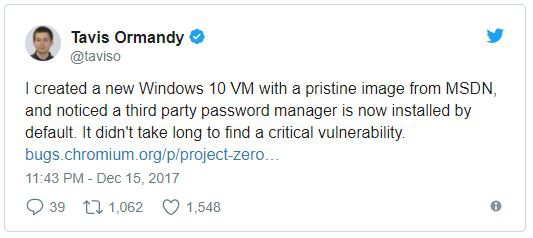  Tôi đã sử dụng một hình ảnh sạch từ MSDN để tạo ra một Virtual Machine Windows 10 mới, và lập tức phát hiện ra một ứng dụng quản lý mật khẩu do bên thứ ba cung cấp được cài đặt mặc định, kéo theo đó là một lỗ hổng bảo mật nghiêm trọng. 