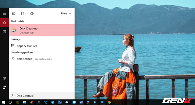 
Nhập từ khóa “Disk Cleanup” vào Cortana và nhấp vào kết quả như hình.

