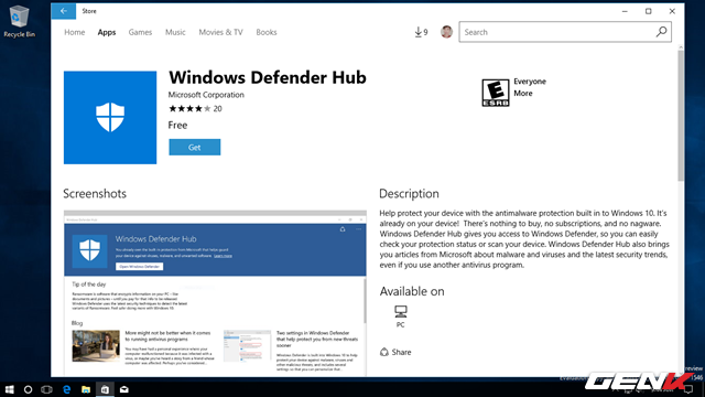  Windows Defender Hub chính thức được phát hành trên Store. 