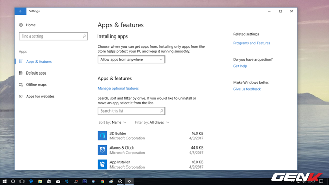 “Apps” sẽ bao gồm các lựa chọn quản lí và thiết lập các ứng dụng hiện có trên Windows. 