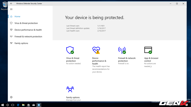  Nhìn chung Windows Defender Security Center khá là đẹp. Và đây được xem là trung tâm bảo mật cho toàn hệ thống Windows 10 của bạn trong tương lai. 