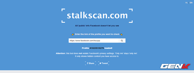  Cụ thể, sau khi truy cập vào website Stalkscan.com. Bạn chỉ việc nhập địa chỉ trang Facebook cá nhân của bất cứ ai vào ô trống và nhấn vào biểu tượng chiếc kính lúp. 