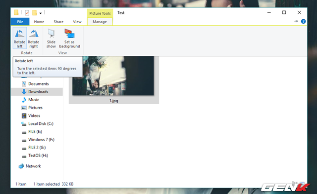  Lúc này bạn hãy nhấp vào tab Manage và nhấp vào 1 trong 2 lựa chọn là “Rotate left” (xoay trái) hoặc “Rotate right” (xoay phải) để điều chỉnh lại chiều xoay cho ảnh theo ý muốn. 