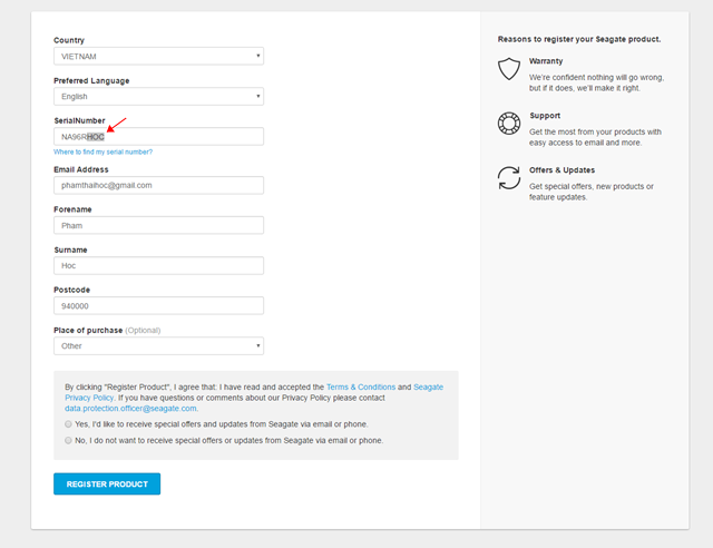  Lưu ý, khi điền thông tin đến phần “SerialNumber”, bạn hãy nhập vào đó mã “NA96RXXX”. Trong đó, “XXX” là ba ký tự in hoa bất kỳ. Sau đó hãy nhấp vào “REGISTER PRODUCT”. 