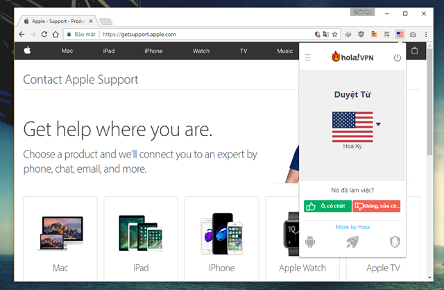  Sau khi cài đặt xong, bạn hãy khởi động lại trình duyệt và truy cập vào trang web hỗ trợ khách hàng của Apple tại đây, sau đó nhấp vào biểu tượng của tiện ích mở rộng Hola và chọn “Hoa Kỳ”. 