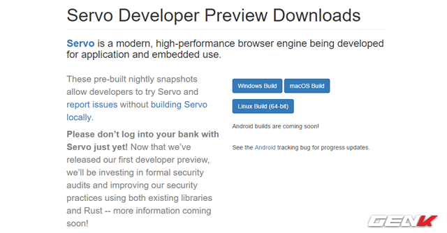  Tiếp theo, bạn sẽ được đưa đến trang tải về gói cài đặt của Mozilla Servo. Hãy nhấp vào “Windows Build”. 