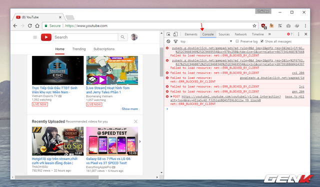  Khi đã truy cập YouTube, hãy nhấn phím “F12” trên bàn phím đển gọi cửa sổ dành cho nhà phát triển. Tại đây, bạn hãy nhấp vào tab “Console”. 