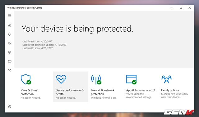  Giao diện của Windows Defender Security Center xuất hiện, hãy nhấp vào lựa chọn “Device performance and & health”. 