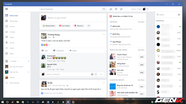  Giao diện chính của Facebook cho Windows 10 vẫn giữ nguyên được lối thiết kế phẳng tuyệt đối, font chữ cùng một số hiệu ứng nhỏ khác vẫn được duy trì. 