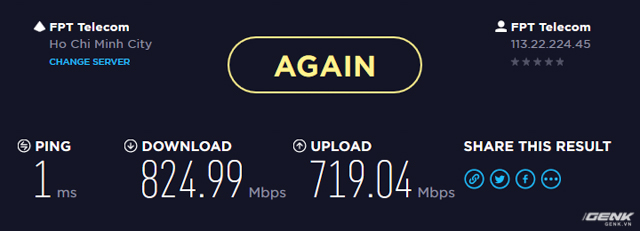  Tốc độ download và upload đạt được khi truyền dữ liệu với server FPT Telecom Hồ Chí Minh, sử dụng cáp LAN. 