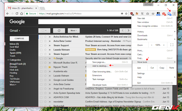  Khi trình duyệt hoàn tất việc truy cập vào tài khoản Gmail, hãy nhấp vào biểu tượng 3 gạch ở góc trên bên phải Google Chrome và chọn More tools > Add to desktop… 