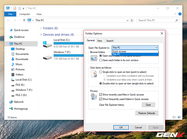  Hộp thoại Folder Options xuất hiện, hãy thay đổi lựa chọn “Quick access” ở dòng “Open File Explorer to” thành “This PC”. 