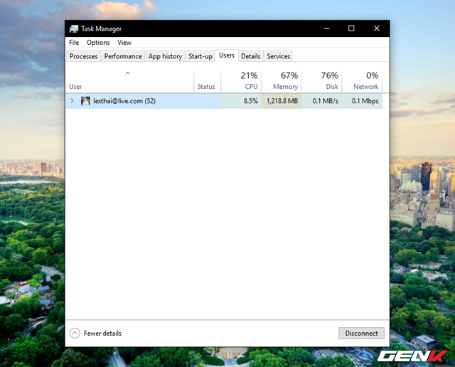  Khi cửa sổ Task Manager xuất hiện, hãy nhấp vào tab “User”. Lúc này, hãy nhấn vào biểu tượng mũi tên mở rộng ở dòng thông tin tài khoản Windows 10 bạn đang sử dụng. 