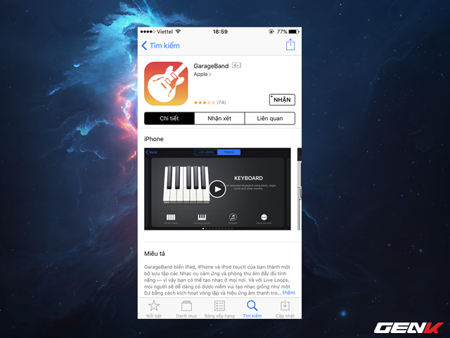  Mở iPhone lên và truy cập vào App Store, tìm và tải về ứng dụng GarageBand. Đây là một ứng dụng soạn thảo nhạc khá thú vị của Apple, và chúng ta sẽ lợi dụng nó để làm cầu nối cho việc xác nhận gói tin nhạc của bạn là …chính thống đối với iOS. 