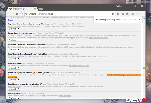  Bước 2: Nhấn tổ hợp phím CTRL F để mở hộp thoại tìm kiếm và nhập vào từ khóa “#enable-framebusting-needs-sameorigin-or-usergesture”, kết quả sẽ hiện ra ngay lập tức. 