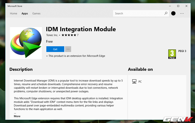  Bước 2: Lúc này Windows Store sẽ tự khởi động và truy cập vào trang chứa tiện ích mở rộng IDM Integration Module. Bây giờ bạn hãy nhấn “Get” để tải nó về. 