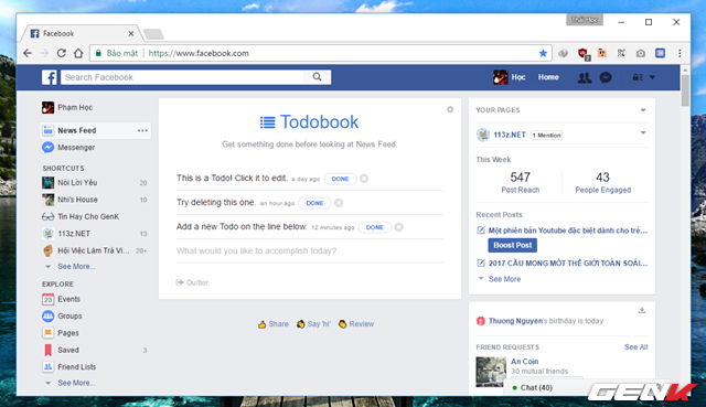  Sau khi cài đặt xong tiện ích, bạn hãy tắt và khởi động lại Google Chrome, rồi truy cập vào trang Facebook. Lúc này bạn sẽ thấy giao diện trang New Feed đã được biến đổi thành giao diện lịch nhắc nhở công việc của Todobook. 