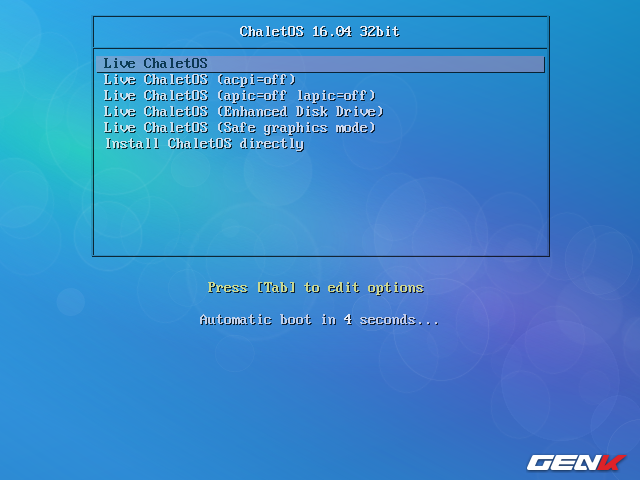  Giống như các phiên bản Linux tùy biến khác, ChaletOS cũng cung cấp một số các lựa chọn dùng thử và cài đặt trực tiếp hệ điều hành vào máy tính. 