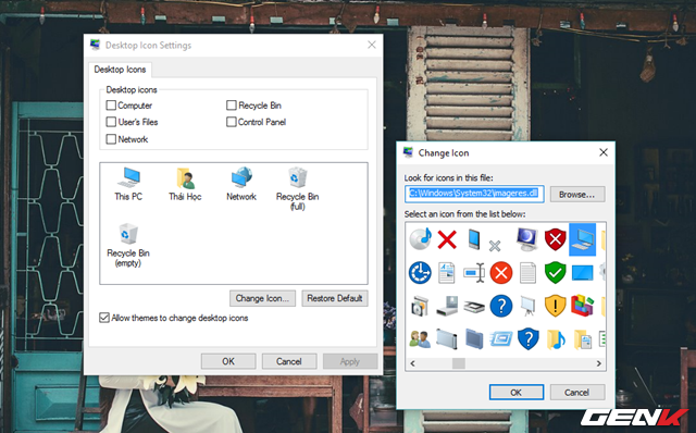 Hộp thoại Change Icon sẽ xuất hiện, lúc này bạn hãy tìm đến và chọn biểu tượng mình muốn trong danh sách các gợi ý của hệ thống. Hoặc bạn có thể nhấp vào “Browse…” và điều hướng đến vị trí biểu tượng mà bạn đã chuẩn bị trước đó. 