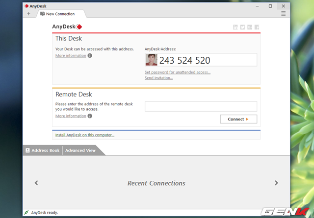  Chờ vài giây, giao diện của AnyDesk sẽ xuất hiện trên màn hình desktop của máy tính. Lúc này, bạn hãy nhấp vào dòng lựa chọn “Install AnyDesk on this computer…” để chuyển sang giao diện cài đặt phần mềm. 
