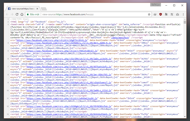  Một tab trình duyệt khác mở ra và nó sẽ hiển thị mã nguồn của trang Facebook bạn thao tác. 