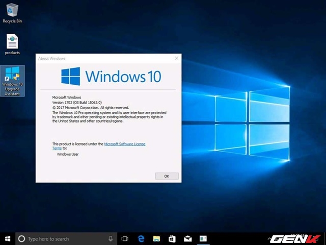  Sau khi hoàn tất các cài đặt, có thể bạn sẽ chờ vài phút để hệ điều hành tiến hành kiểm tra cập nhật và cài đặt một số ứng dụng mặc định. Khi hoàn tất, giao diện Windows 10 quen thuộc sẽ xuất hiện trước mắt bạn. Phiên bản Windows 10 Creators sẽ được ghi nhận với mã là 1703, và mã build là 15063.0. 