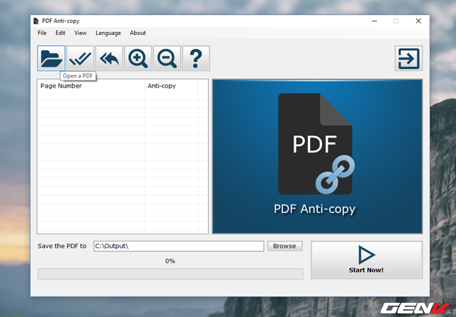  Hoàn tất cài đặt, bạn hãy khởi động PDF Anti-copy để bắt đầu sử dụng. Nhìn chung giao diện của PDF Anti-copy khá dễ nhìn và tương đối đẹp mắt. Để bắt đầu, bạn hãy nhấp vào lựa chọn Open a PDF. 