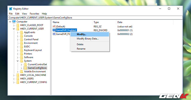  Nhấn phải chuột vào “GameDVR_Enabled” và chọn “Modify...”. 