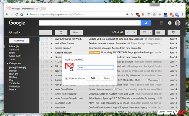  Đặt tên cho shortcut này là “Gmail”, và đánh dấu kiểm vào tùy chọn “Open as windows”. Sau đó, hãy nhấn “Add” để hoàn tất. 