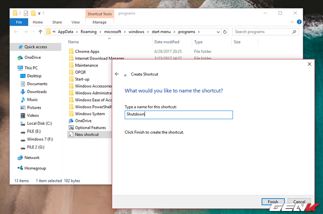  Hộp thoại khởi tạo shortcut xuất hiện, nhập lệnh “C:\Windows\System32\shutdown.exe -s -t 10” vào dòng Type the location of the item và nhấn Next. 