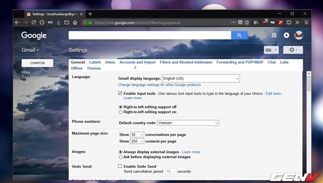  Bước 3: Giao diện thiết lập Gmail xuất hiện, hãy nhấp vào tab “Account and Import”. 