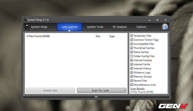  Như đã nói ở trên, giao diện của System Ninja khá đơn giản. Các nhóm tính năng chính được sắp theo theo các tab và các lựa chọn được trình bày tương tự giống như CCleaner nên người dùng có thể dễ dàng sử dụng. Tab đầu tiên sẽ là “Junk Scanner” với khả năng tìm, liệt kê và xóa sạch các dữ liệu rác trên hệ thống tùy theo lựa chọn mà bạn đặt ra. 