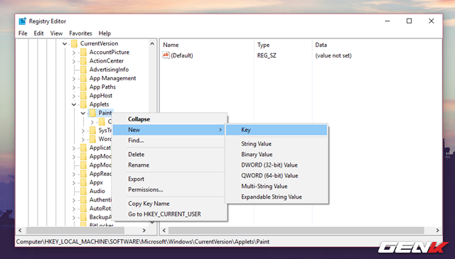  Trong Registry Editor, hãy tìm đến “HKEY_LOCAL_MACHINE\Software\Microsoft\Windows\CurrentVersion\Applets\Paint\”, sau đó nhấp phải chuột vào Paint và chọn New -> Key. 