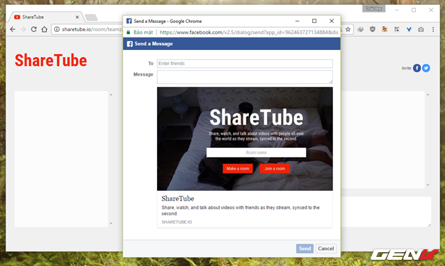  Ở đây ShareTube sẽ cung cấp cho người dùng 2 lựa chọn mời bạn bè tham gia phòng bằng cách thông qua tùy chọn gửi tin nhắn trên Facebook và Twitter. 